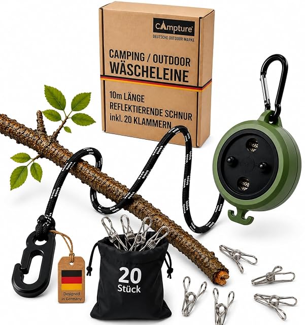 Campture reflektierende Camping-Wäscheleine mit Karabiner aus Edelstahl und Clips
