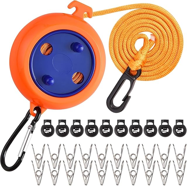 Jewan einziehbare Wäscheleine mit ABS-Körper, Haken und Windschutz-Clips