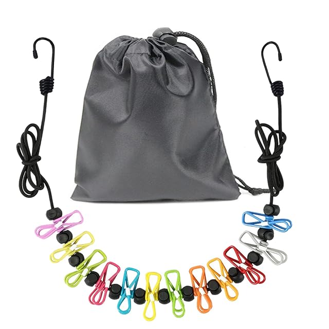 PAIDASHU schwarze elastische Reise-Wäscheleine mit bunten Wäscheklammern und Stahlhaken