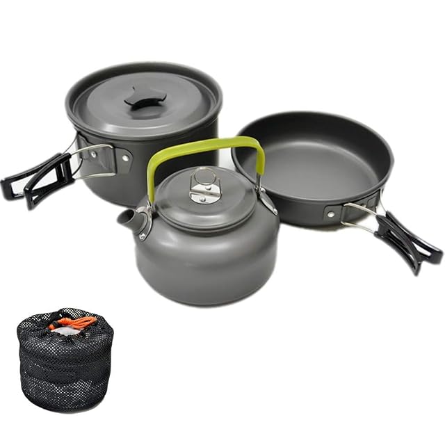 Klappbares Campingkochset aus Aluminium von JZK mit Topf, Pfanne und Wasserkessel
