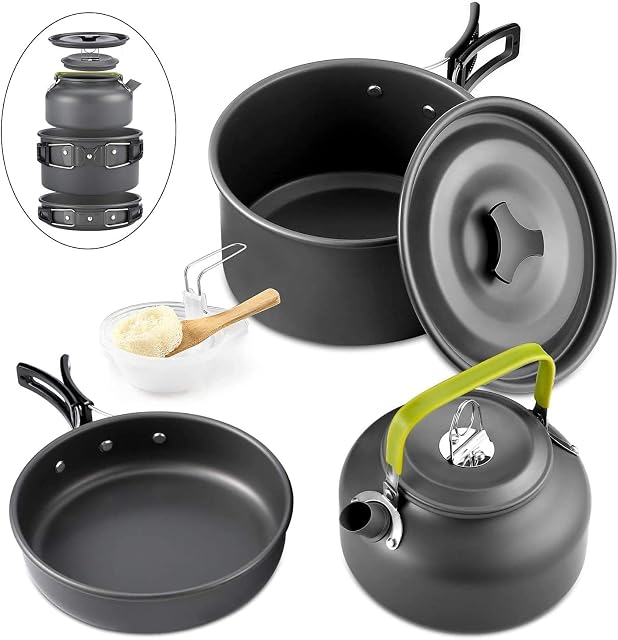 Zehnteiliges Campingkochset aus Aluminium von Queta mit Topf, Pfanne, Wasserkessel und Schüsseln
