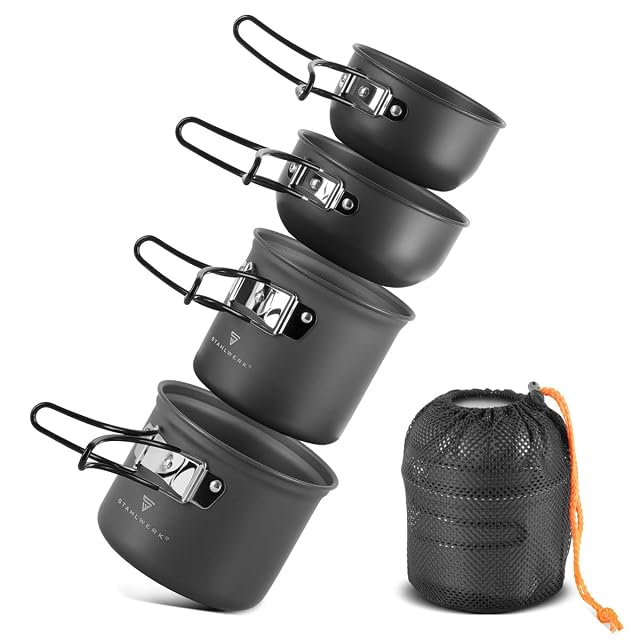 Vierteiliges Campingtopfset aus Aluminium von STAHLWERK mit Deckeln, die zugleich Bratpfanne sind
