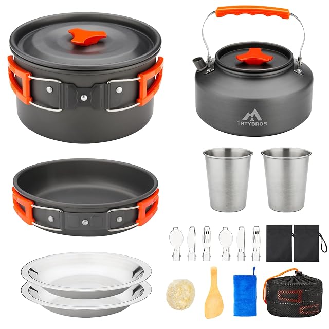 Siebzehnteiliges Campingkochset aus hart eloxiertem Aluminium von THTYBROS mit Bechern und Besteck