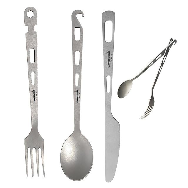 Dawn Deer Messer, Gabel und Löffel aus Titan mit sandgestrahlten Griffen