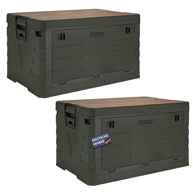Trucky Camping-Klappbox mit einer Deckeleinlage in Holzdesign und einer aufklappbaren Frontklappe