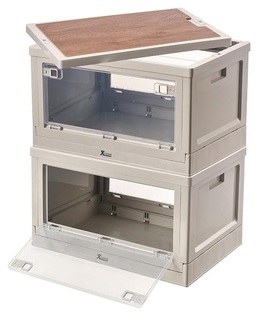 Paar graue Xcase Camping-Klappboxen mit durchsichtigen Seitenklappen und einer MDF-Deckelplatte