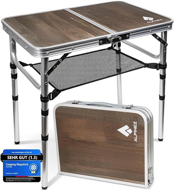 Klappbarer Campingtisch von ALPINEZ mit MDF-Platte, Aluminiumbeinen und Netzablage darunter