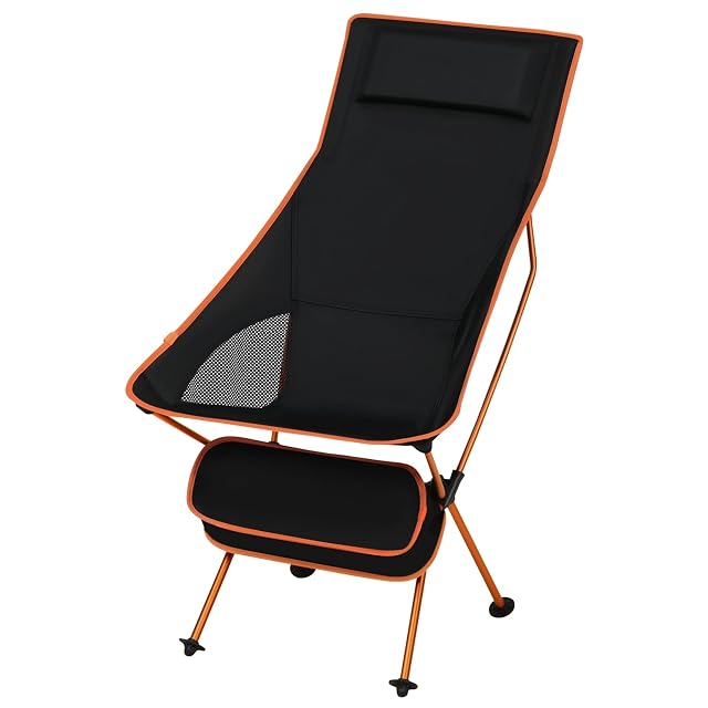 Packbarer Campingstuhl von eSituro in Schwarz und Orange mit hoher Netzlehne und Kopfkissen
