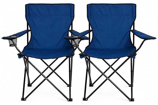 Blaue klappbare Campingstühle von Nexos als Paar verkauft, jeder mit Getränkehalter an der Armlehne