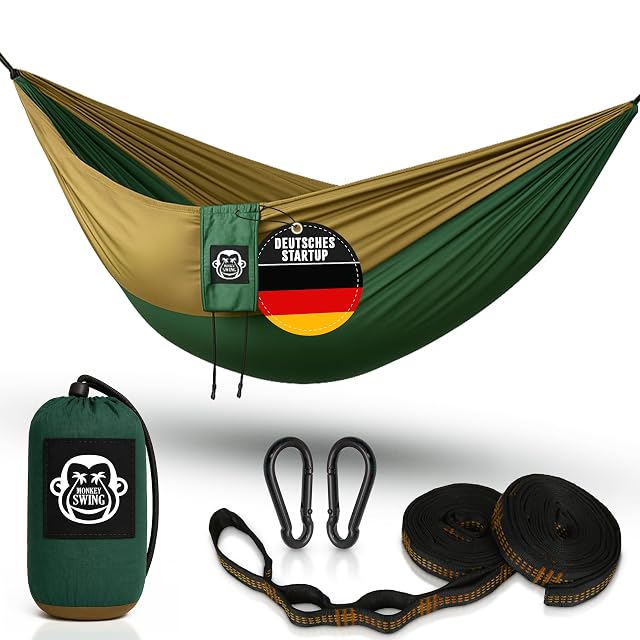 Ultraleichte Camping-Hängematte von Monkey Swing in Grün und Khaki mit strapazierfähigen Gurten