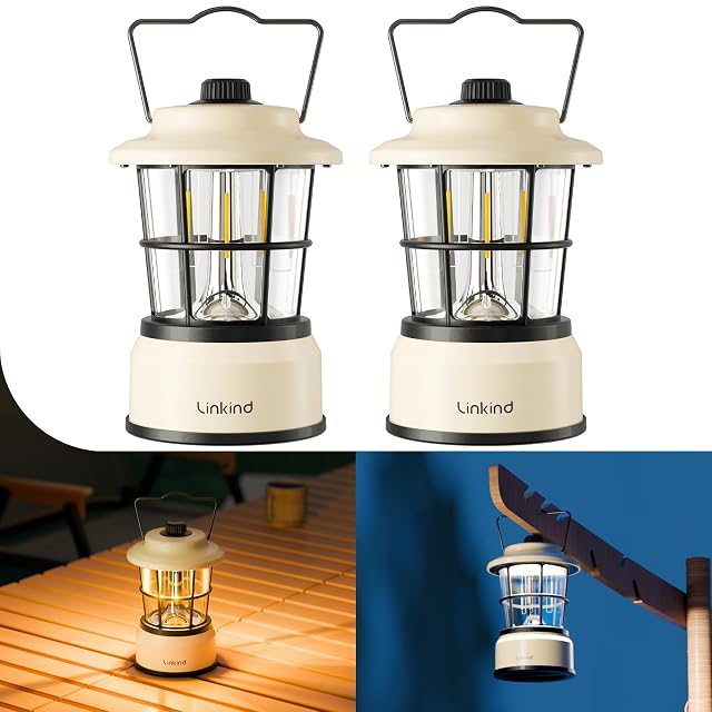 Retro-Campinglampe CL1 von Linkind mit Filament in der Mitte und Tragebügel, als Zweierpack verkauft
