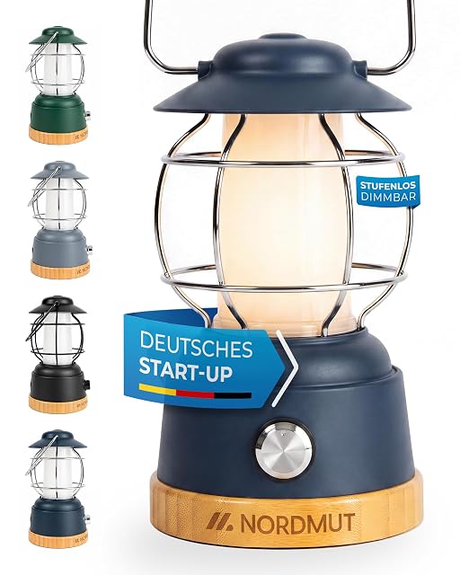 Marineblaue wiederaufladbare Campinglampe von NORDMUT mit Tragegriff und Haken