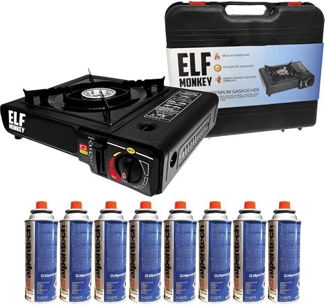 Campinggaskocher von Elfmonkey mit einer Flamme, mit Transportkoffer und Butankartuschen