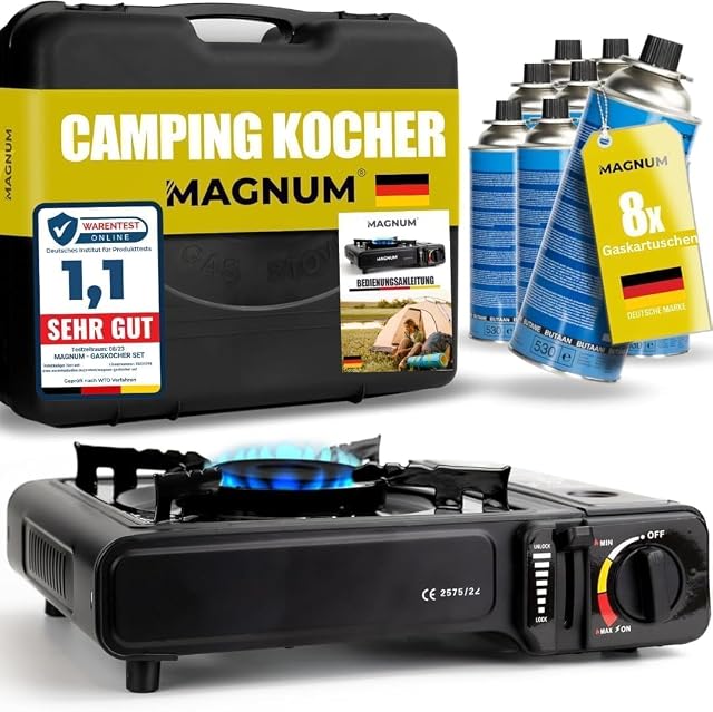 Campinggaskocher von Green Camp mit einer Flamme, mit acht Butankartuschen und Koffer