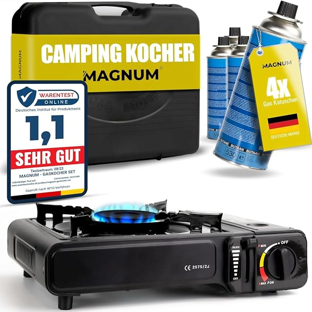 Campinggaskocher von Magnum mit einer Flamme und Butankartuschen