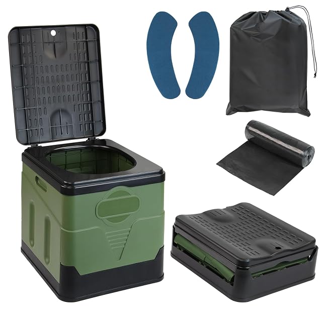 Klappbare Campingtoilette von Montafox in Grün und Schwarz, würfelförmig, mit Toilettenbeuteln