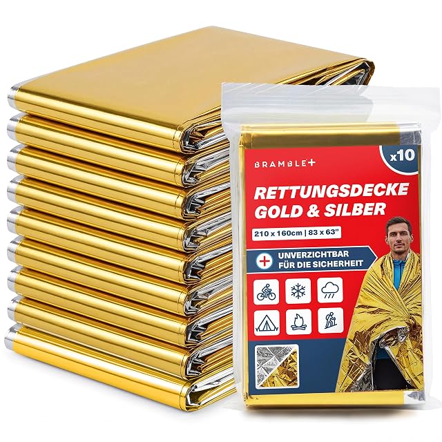 Bramble Packung mit zehn goldenen und silbernen Rettungsdecken aus Aluminium