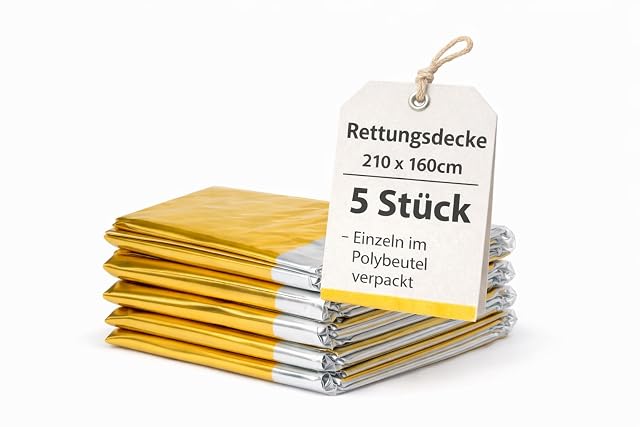 buxmed Packung mit fünf goldenen und silbernen Rettungsdecken in ihren Hüllen