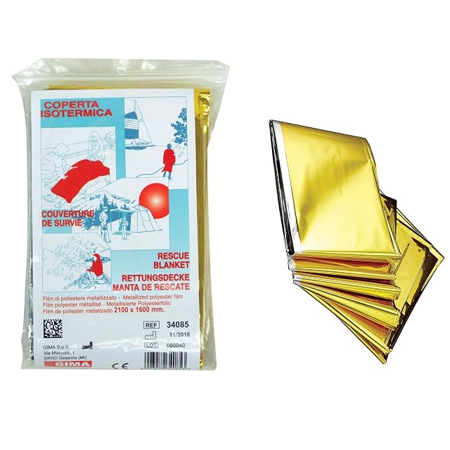 GIMA Rettungsdecke mit einer silbernen und einer goldenen Seite, gefaltet in ihrer Hülle