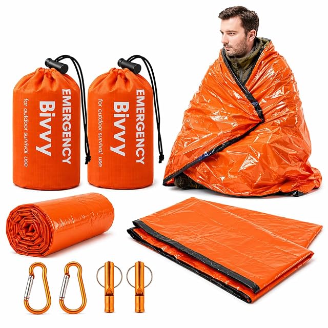 HappyDaily oranger Mylar-Notfall-Biwaksack mit Beutel mit Kordelzug, Pfeife und Karabiner