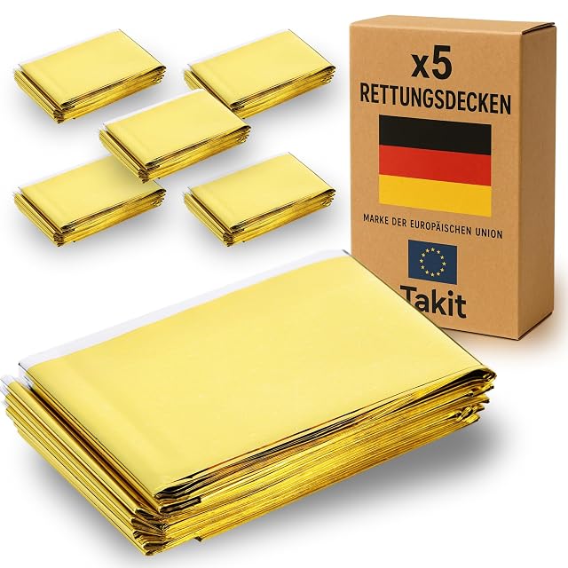 Takit Packung mit fünf goldenen und grauen Mylar-Rettungsdecken, gefaltet