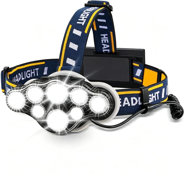 Wiederaufladbare Stirnlampe von Hyted mit acht LEDs, hinterem Akkukasten und rotem Warnlicht
