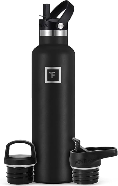 Schwarze pulverbeschichtete Edelstahlflasche IRON FLASK mit drei austauschbaren Deckeln