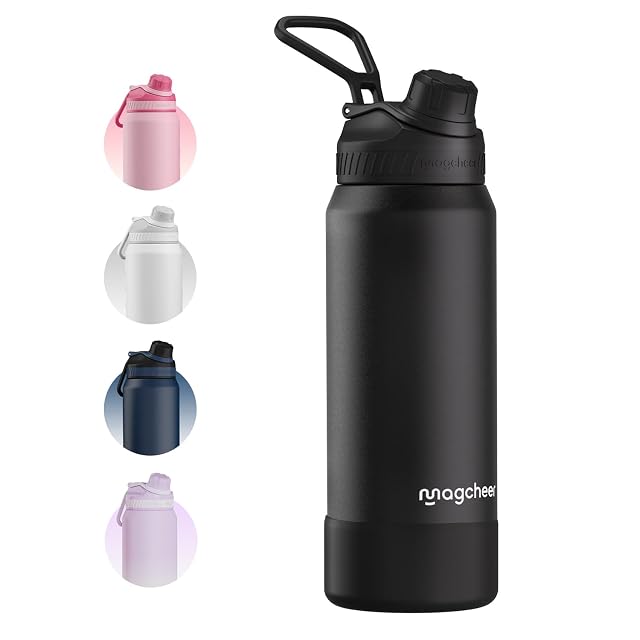 Schwarze isolierte Edelstahlflasche von magcheer mit einem Liter und Tragegriff