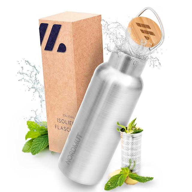 Edelstahlflasche von NORDMUT mit einem Liter und ihrem einschraubbaren Teesieb