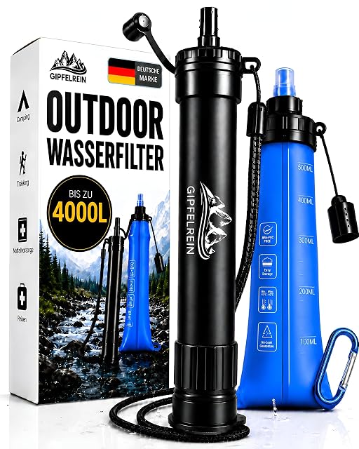 Outdoor-Wasserfilter von Gipfelrein mit faltbarer Flasche von 0,5 Litern und Karabiner