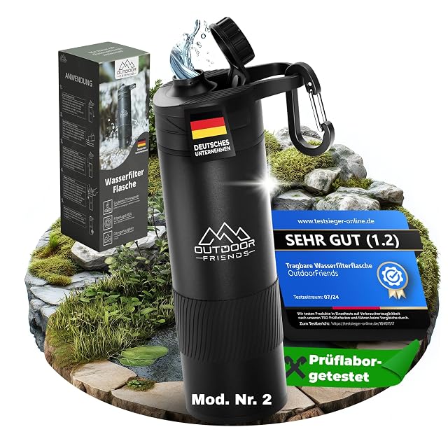 EasyPress-Filterflasche von OUTDOOR-FRIENDS mit magnetischem Deckel und Griffband