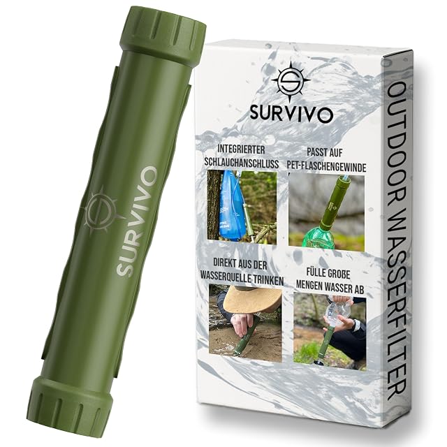 Multifunktionaler Outdoor-Wasserfilter von SURVIVO mit einem Gewinde für PET-Flaschen