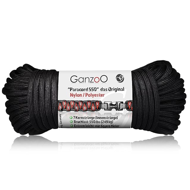 Ganzoo schwarzes 550 Paracord aufgerollt, 4 mm Durchmesser