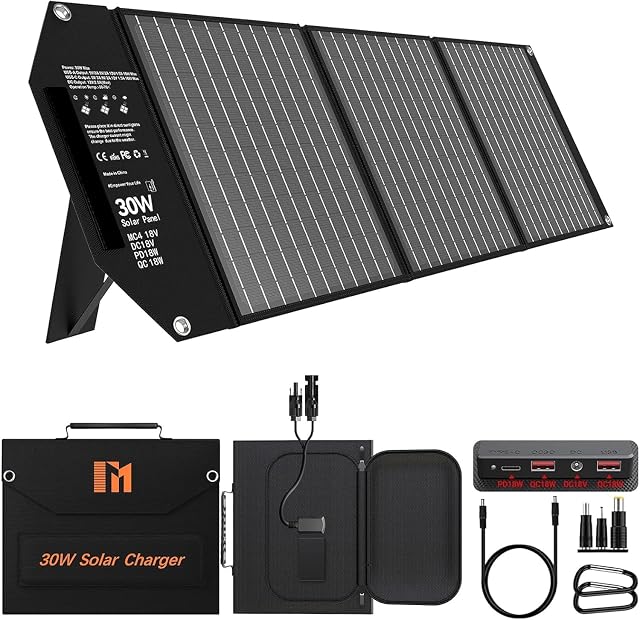 Faltbares Solarpanel von Mesuvida mit 30 W, Ausgängen für MC4, DC und USB und einem verstellbaren Ständer
