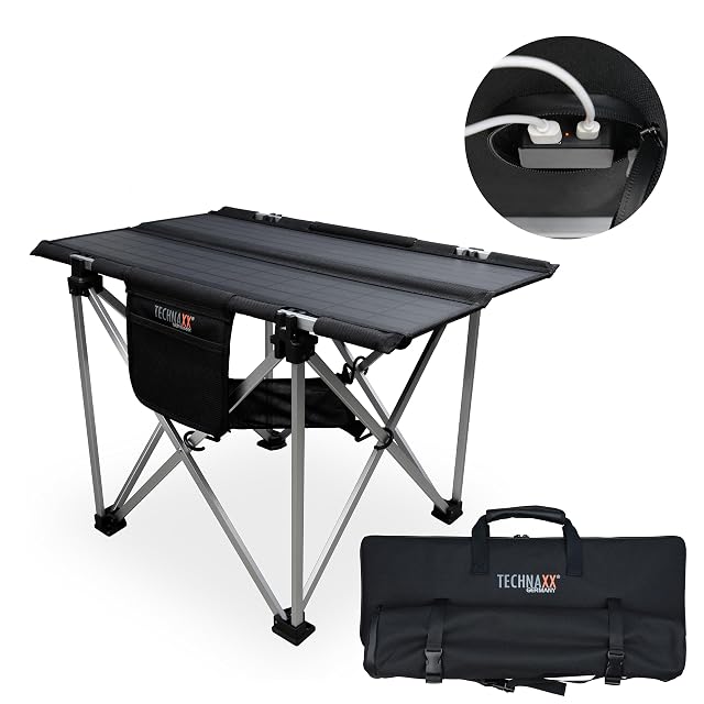Klappbarer Campingtisch Technaxx TX-251 mit einem Solarpanel von 20 W als Tischplatte