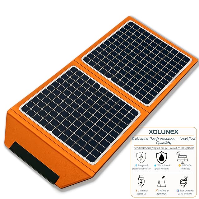 Faltbares Solarpanel von Xolunex mit 20 W in 900D Gewebe, zwei USB-Ausgängen und einem Kabel mit mehreren Steckern