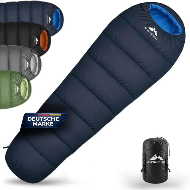 Blauer Mumienschlafsack von AlpinSpirit mit Kompressionsriemen und Packbeutel