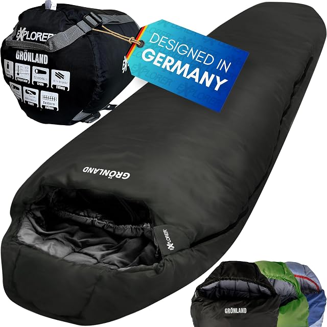 Schwarzer Mumienschlafsack EXPLORER GRÖNLAND mit Pongee-Polyesterfutter und Kompressionsbeutel