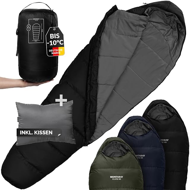 Schwarzer Mumienschlafsack mit Kapuze von Montaray mit isolierter Reißverschlussabdeckung und passendem Kissen