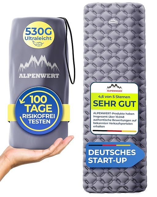Graue ergonomische aufblasbare Campingmatte von Alpenwert mit geformtem Umriss und Reparaturset