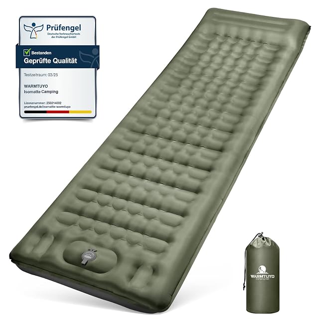 Aufblasbare Campingmatte von WARMTUYO in Armeegrün mit Fußpumpenventil und weichem eingebautem Kissen
