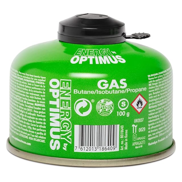 Optimus Gaskartusche 100 g mit Schraubgewinde und ihrer Schutzkappe über dem Ventil