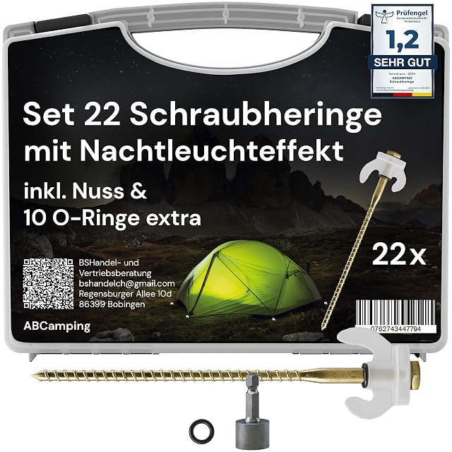 ABCamping Schraubheringe aus Stahl mit nachleuchtenden Haken, O-Ringen und einem Bit im Koffer