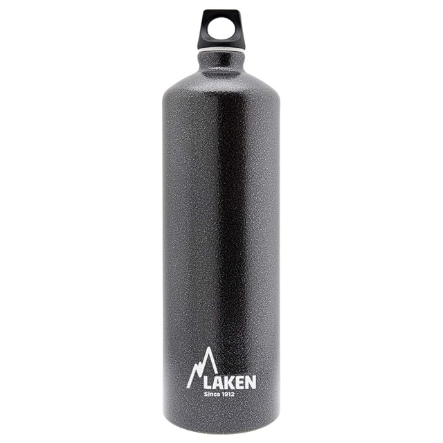 Laken Futura granitgraue Aluminium-Trinkflasche mit Schraubverschluss und Trageschlaufe