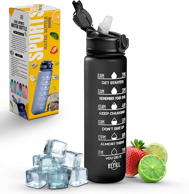 Roe Tenpo Tritan-Sportflasche mit einem Liter, eingebautem Trinkhalm und Zeitmarkierungen